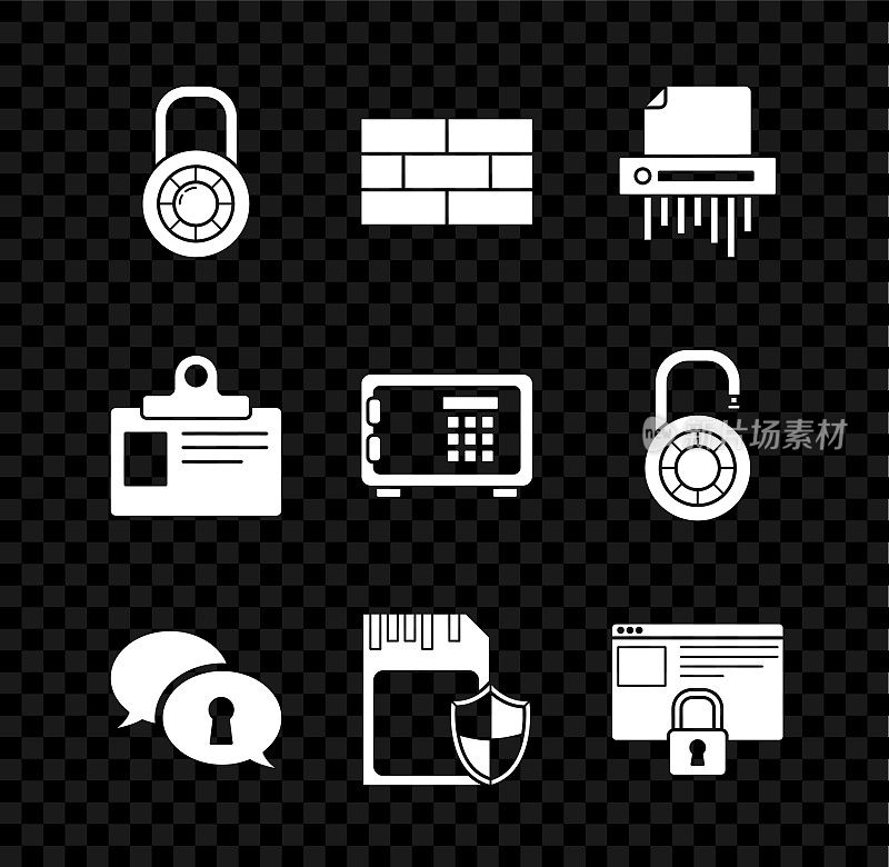 设置安全组合锁轮，砖，碎纸机机密，保护个人数据，SD卡和盾牌，安全的HTTPS, SSL，识别徽章和图标您的网站。向量